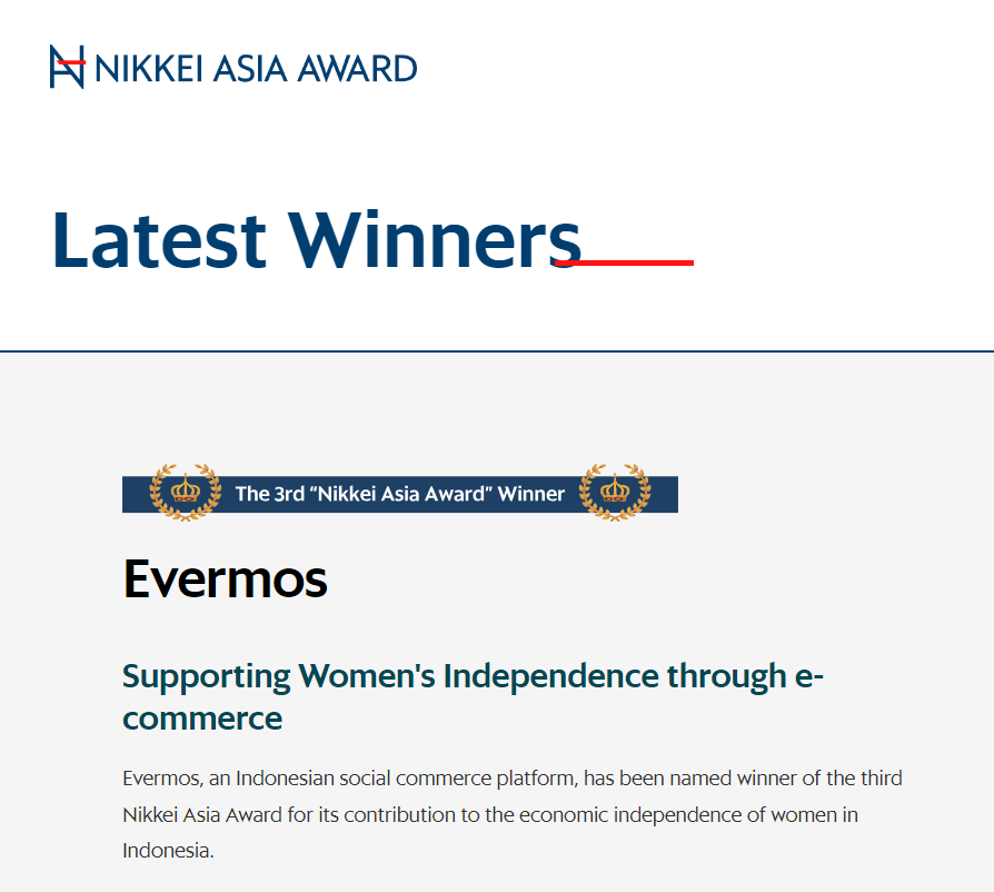 Evermos Memenangkan Nikkei Asia Award tahun 2023 atas Dedikasinya untuk Mendukung Kemandirian Ekonomi para Perempuan