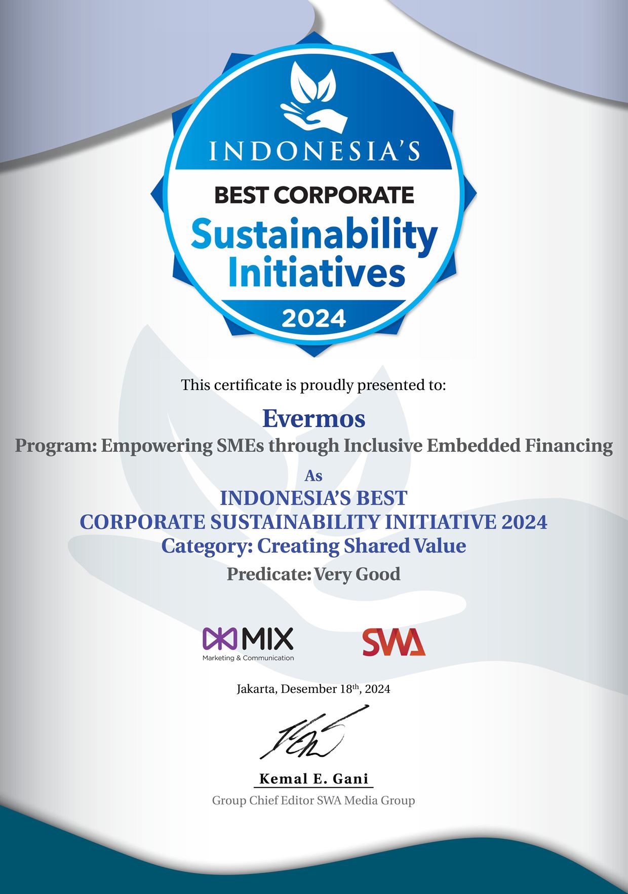 Evermos Raih Penghargaan Indonesia Corporate Sustainability Initiatives 2024 atas Usaha Pemberdayaan UMKM melalui Akses Embedded Finance & ESG Assessment Berkelanjutan